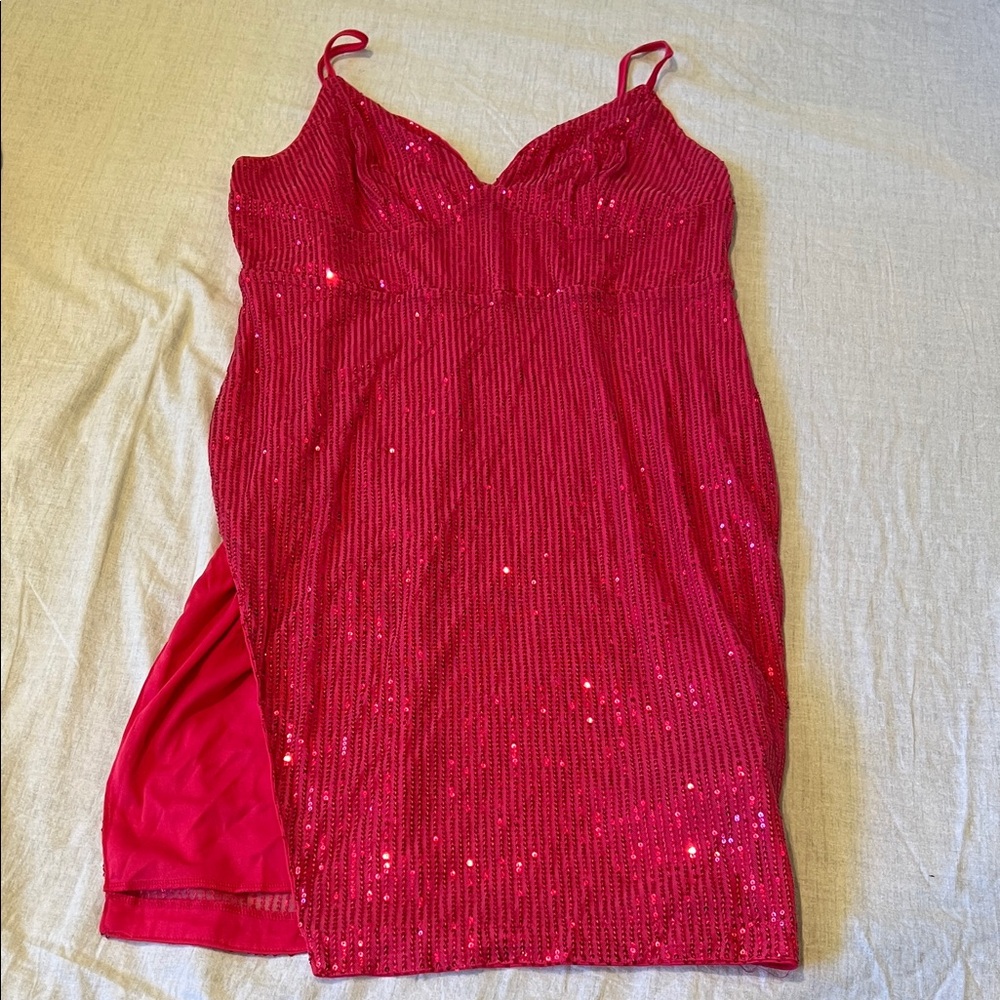 Red Sequin Slip Dress - adjustable straps- leg slit